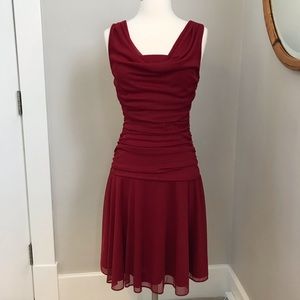 Burgundy Sleeveless Dress Fitted Shirred Midriff.
